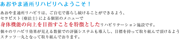 あおやま通所リハビリへようこそ！あおやま通所リハビリは、ご自宅で暮らし続けることができるよう、セラピスト（療法士）による個別メニューで身体機能の向上を目指すことを特徴としたリハビリテーション施設です。個々のリハビリ効果が見える数値での評価システムも導入し、目標を持って取り組んで頂けるようスタッフ一丸となって取り組んでおります。